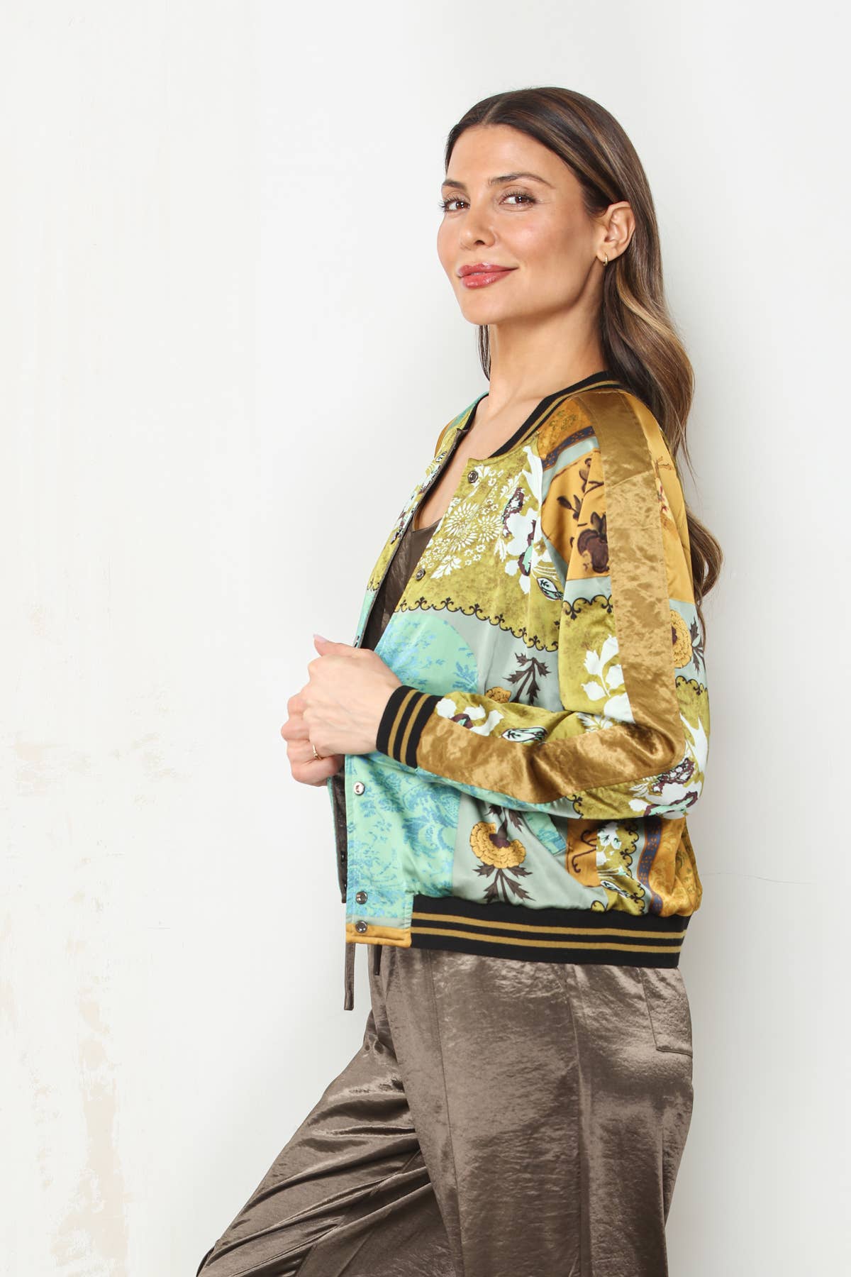 PRE ORDER AUG 7-12 Reversible Patchwork Hammered Satin Bomber Jacket