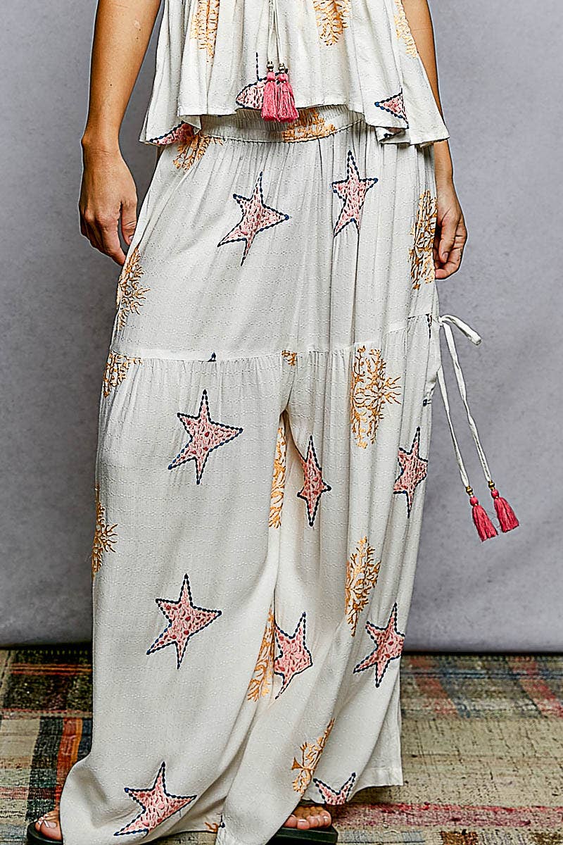 Star Embroidery Tassel Pocket Wide Leg Flowy Pants and Tank