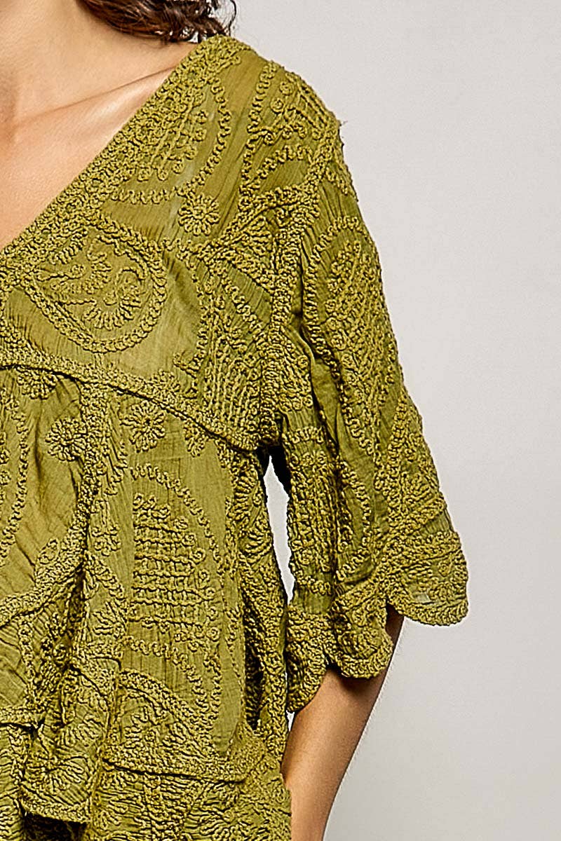 Short Sleeve V-neck Vintage Washing Solid Crochet Top