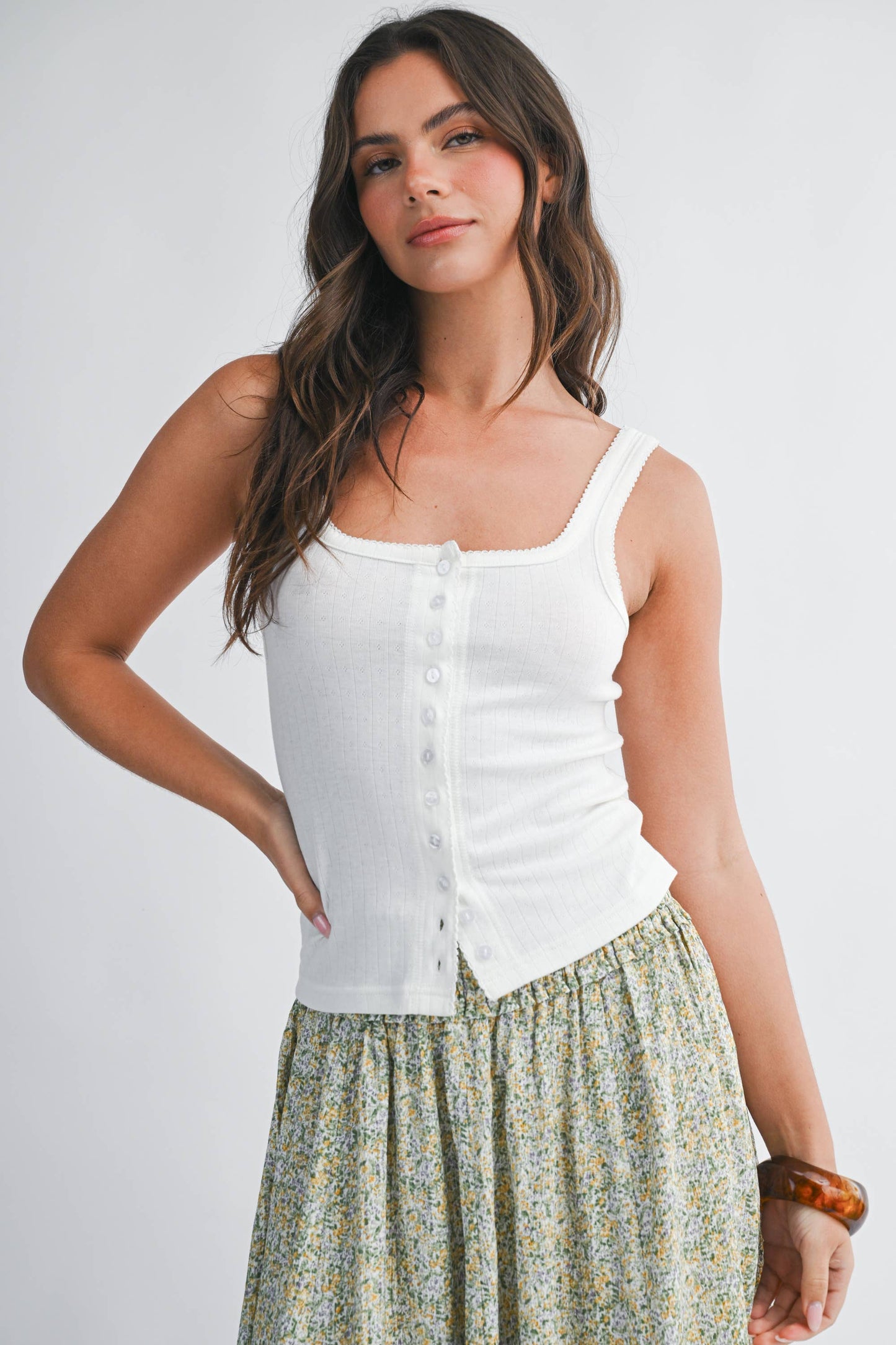 Pointelle Button Front Cami Tank