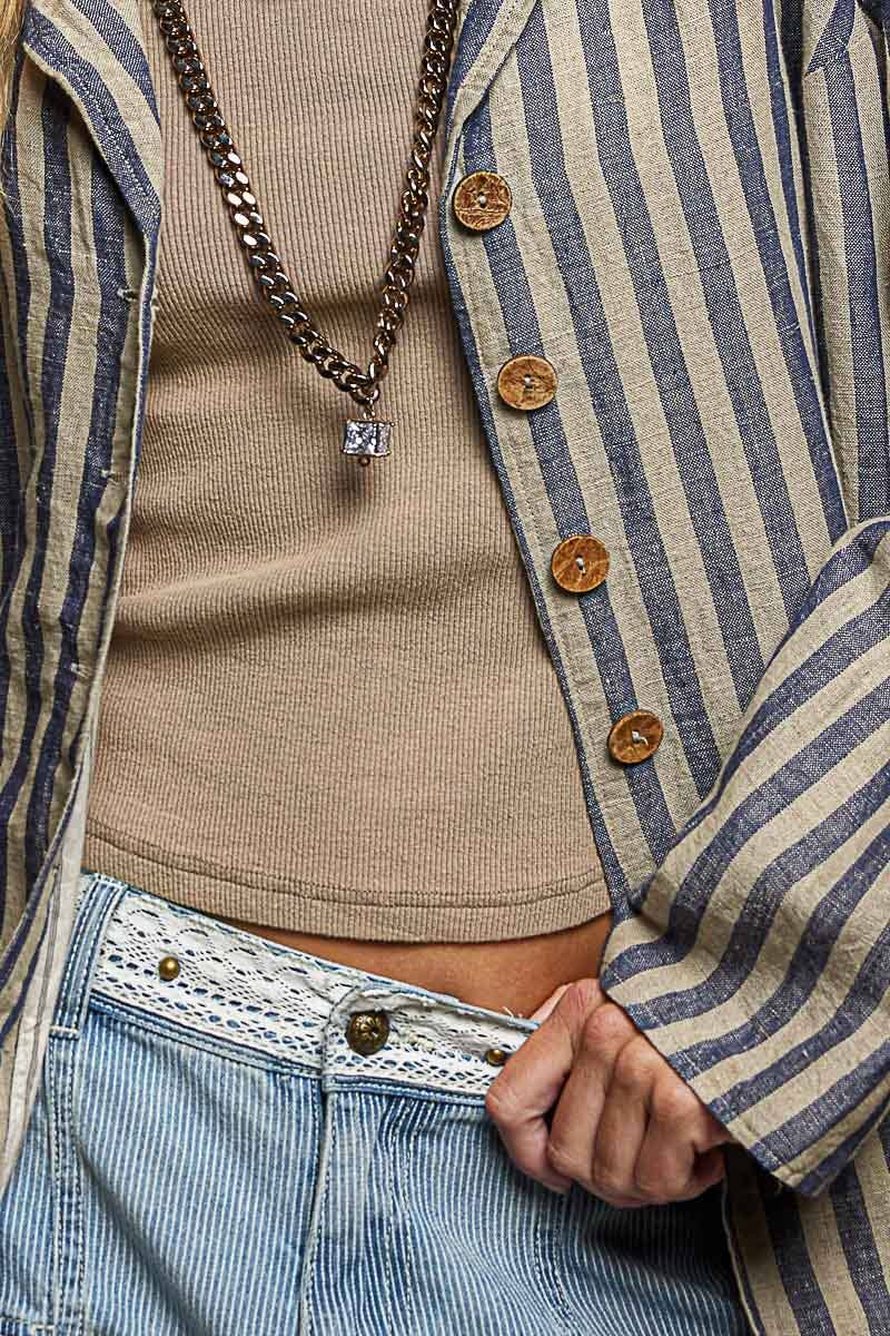 Stripe Pattern Asymmetrical Hem Lapel Style Woven Jacket