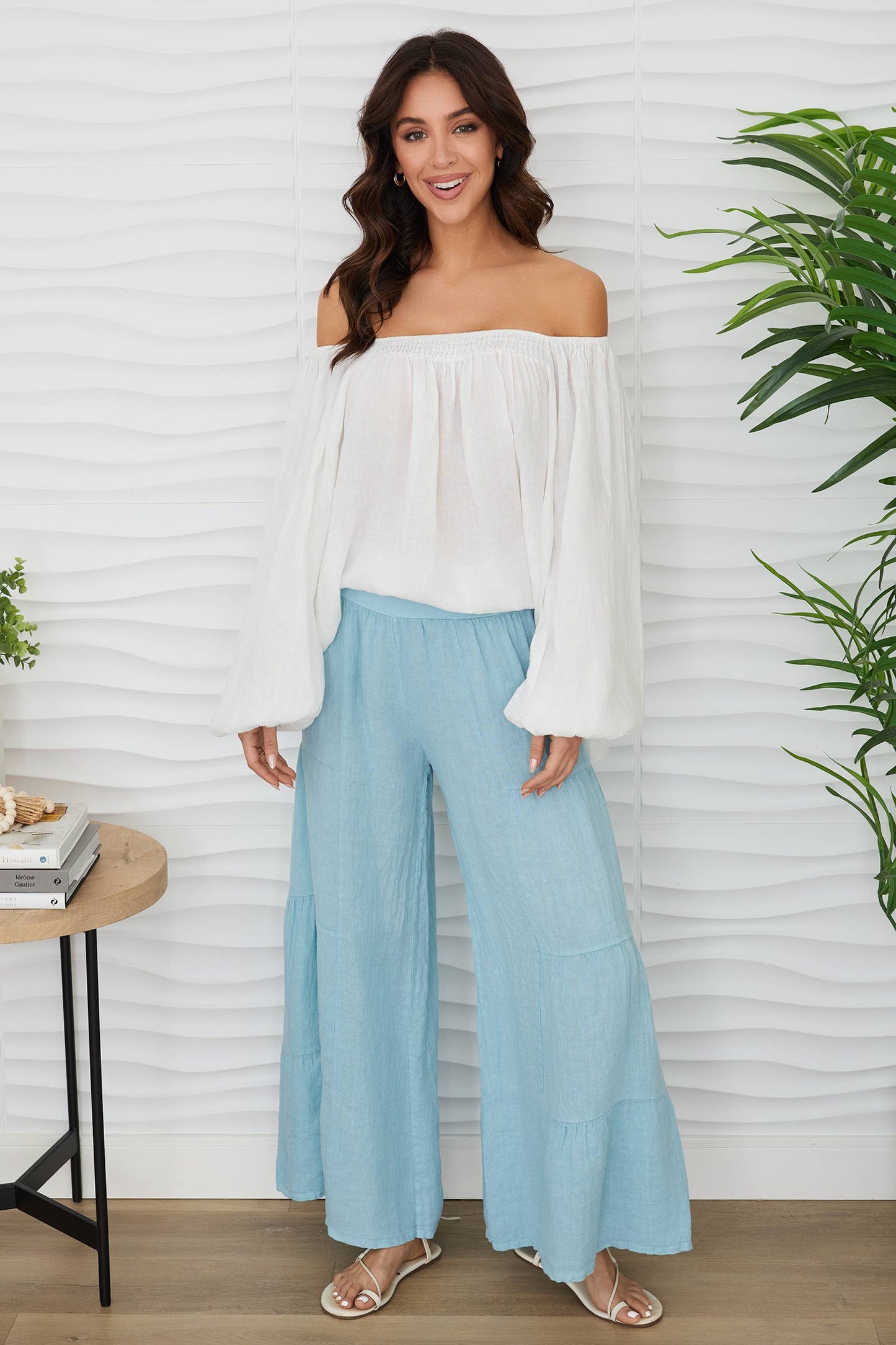 BLUE ZUCCERO LINEN TIERED PALAZZO PANT