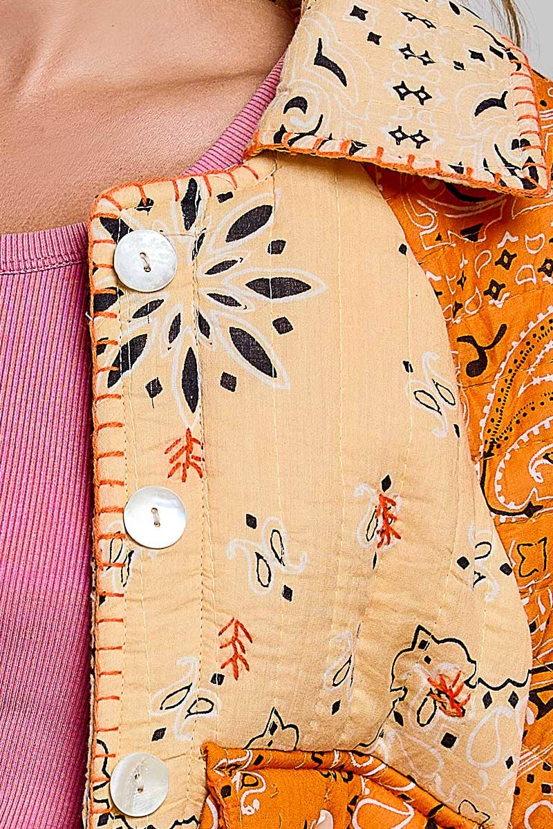 Quilted Patchwork Paisley Button Front Jacket Top