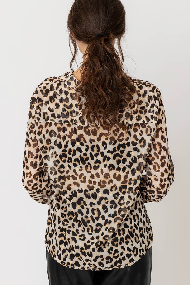 Sheer Leopard Print Button Down Blouse with Lurex