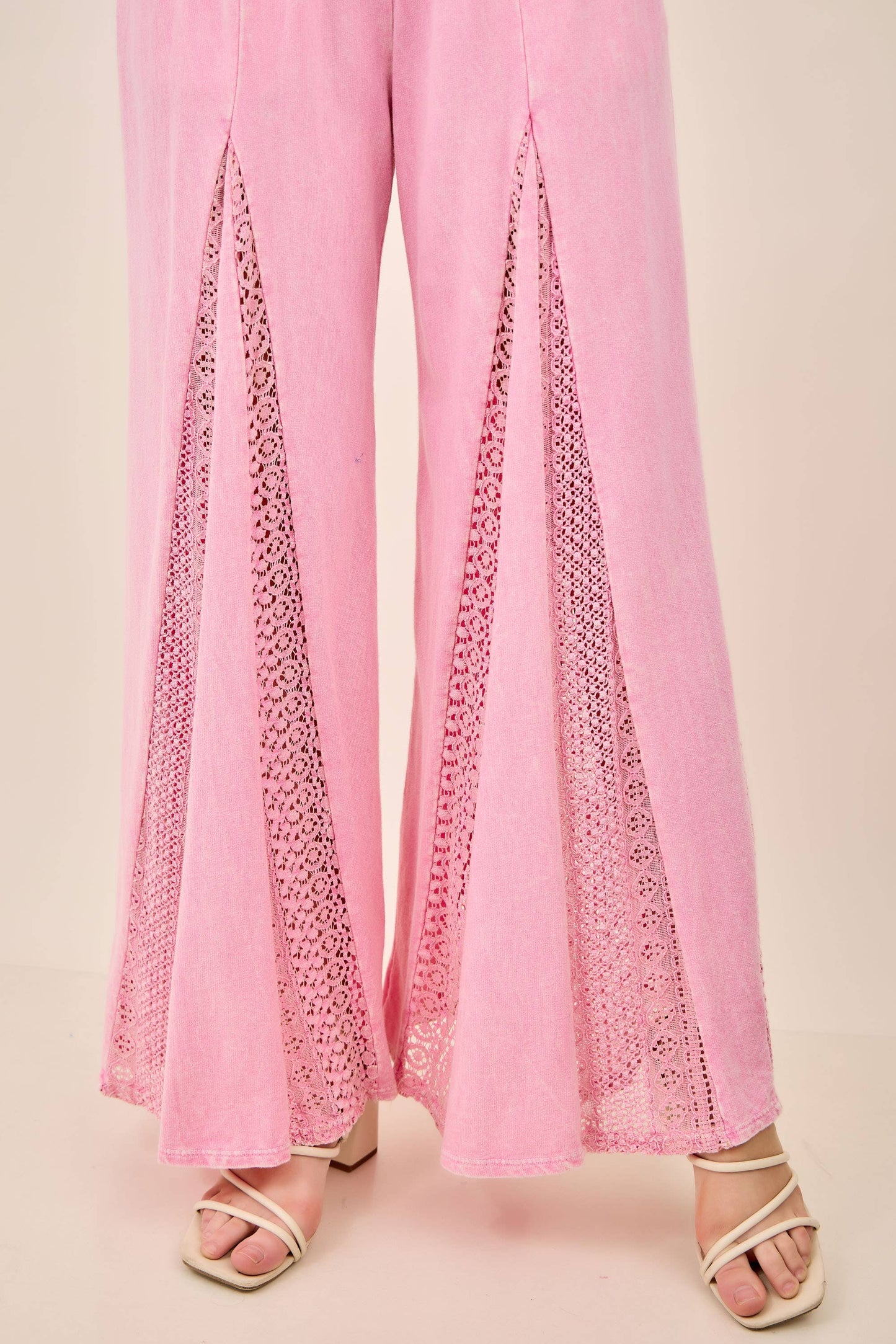 Pink Mineral Washed Lace Flare Hippie Boho Pants