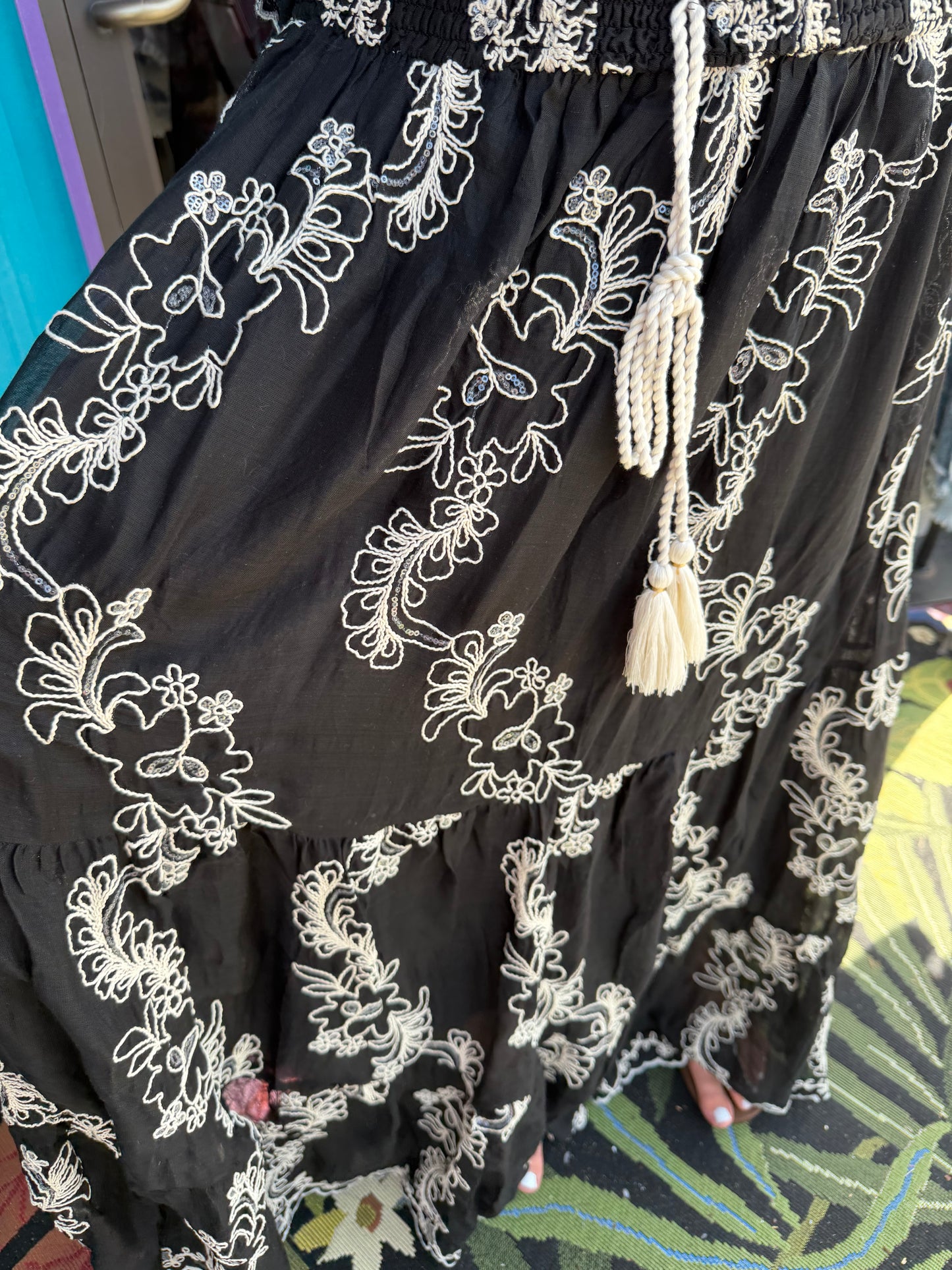 Embroidered Viscose Smocked Waistband Maxi Skirt
