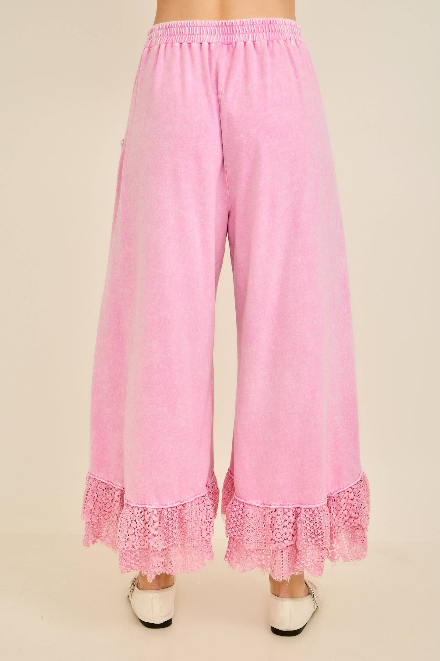 Mineral Washed Lace Ruffles Cropped Pants