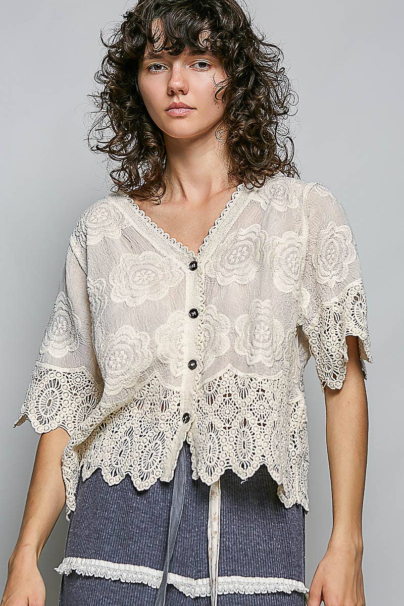 Crochet Trim Neckline Short Sleeve Jacket Top