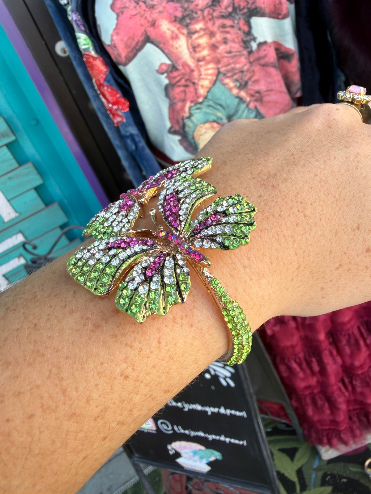 Rhinestone Embellished Double Butterfly Hinged Bangle Bracelet
