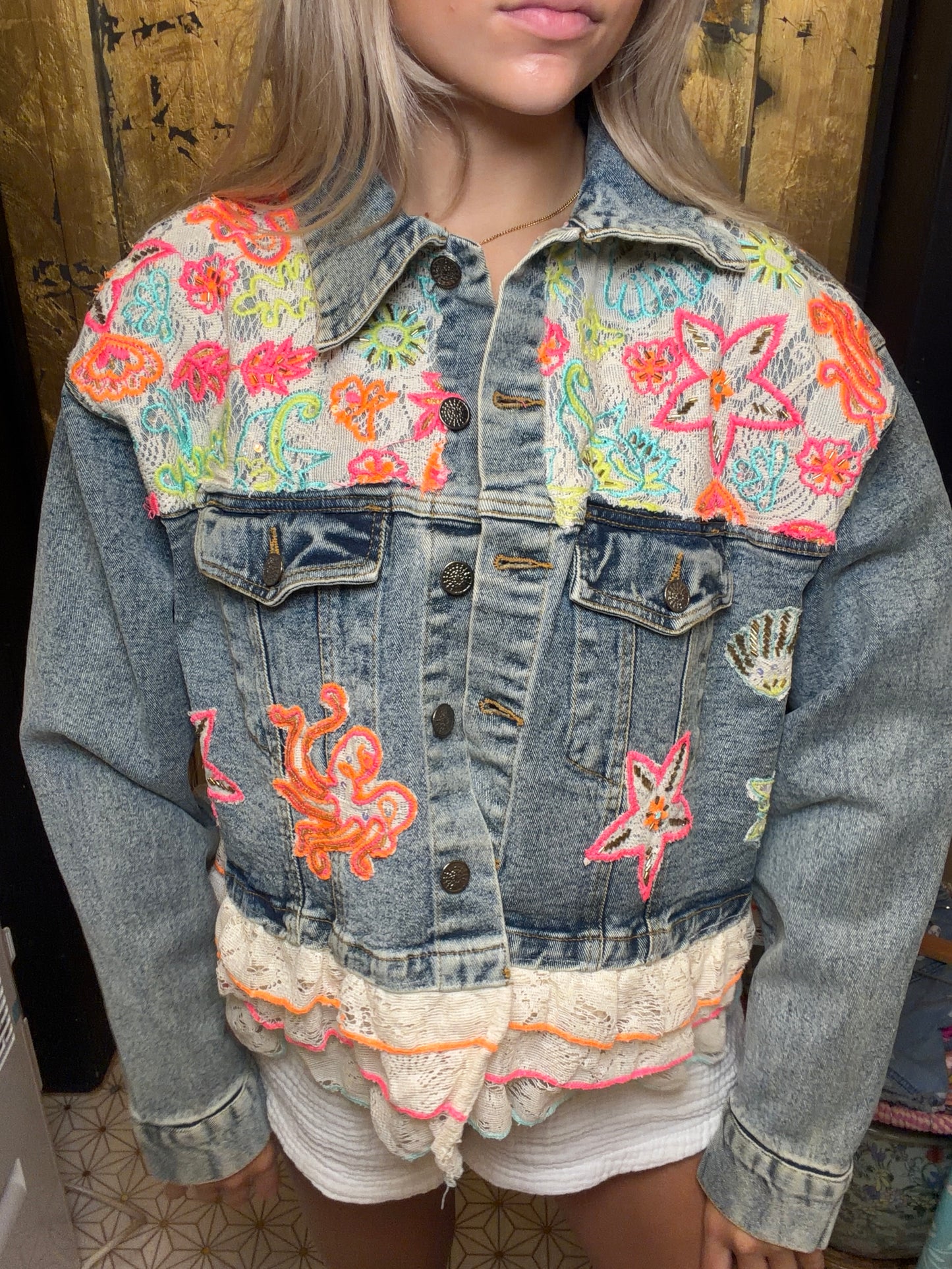 Statement Floral Embroidered Cropped Lace Trim Denim Jacket