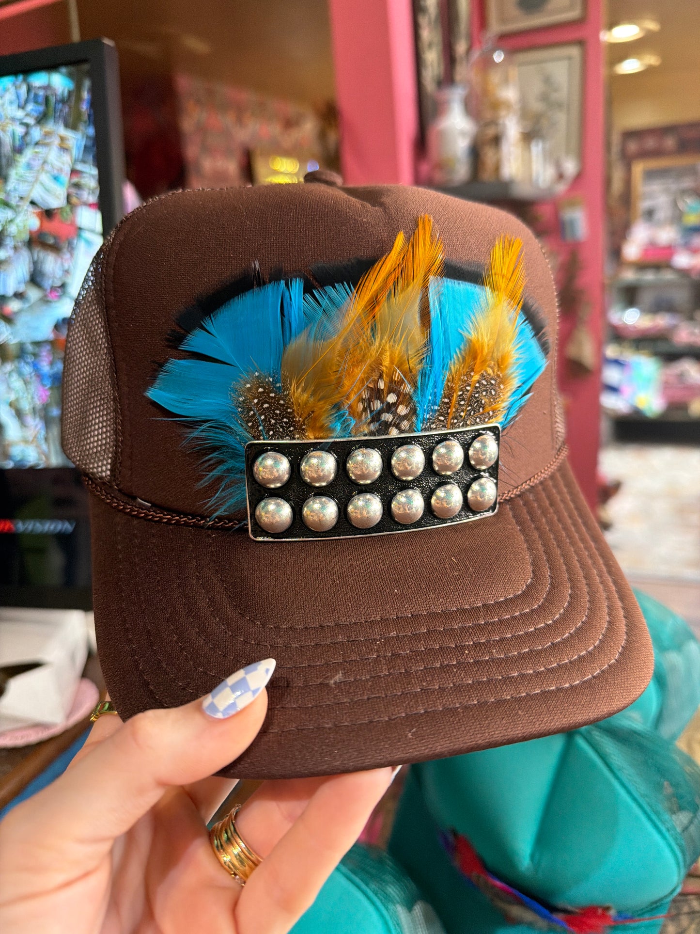 Feather Trucker Hat, Handmade, Unique, One of a Kind
