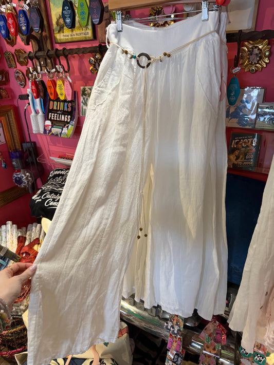 White Palazzo Pant with Beaded Belt