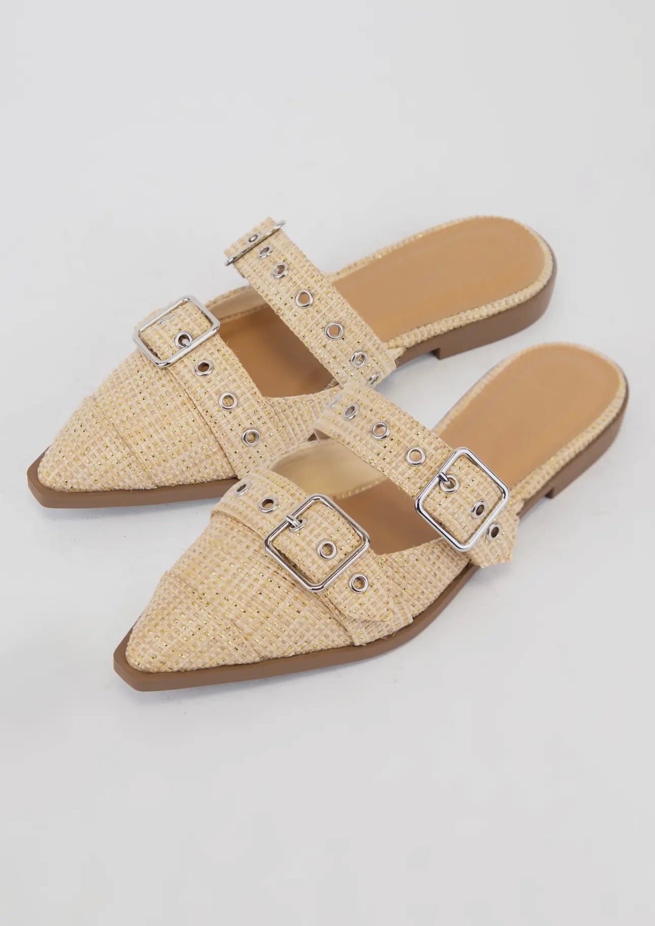 Tan Raffia Pointed Toe Slip on Flats