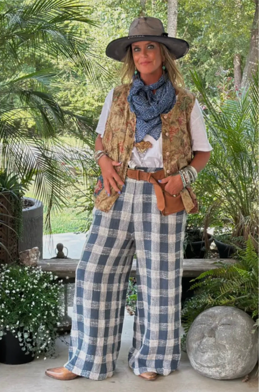 Weaving About Gingham Pants- Navy