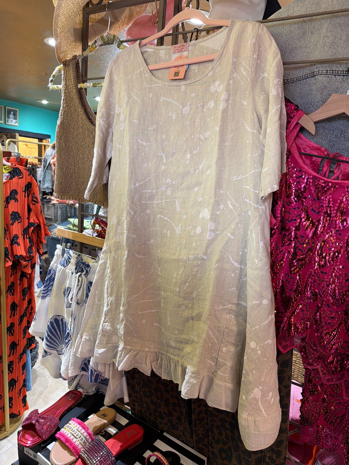 Beige Ruffle Quarter Sleeve Dress with White Splatter