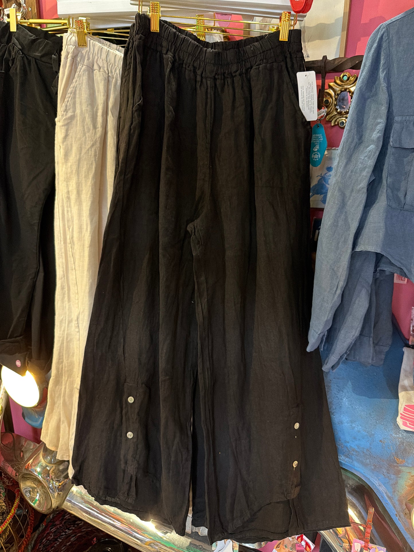 Black Linen Palazzo Pants with Buttons on ankle