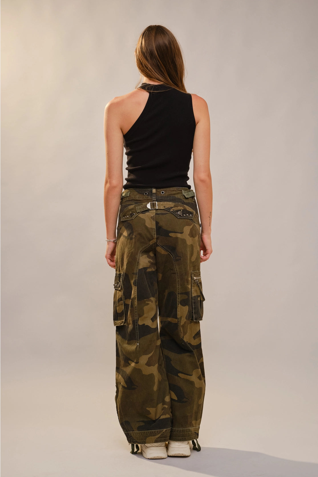 Camo Cargo Pants with Studs and Drawstring