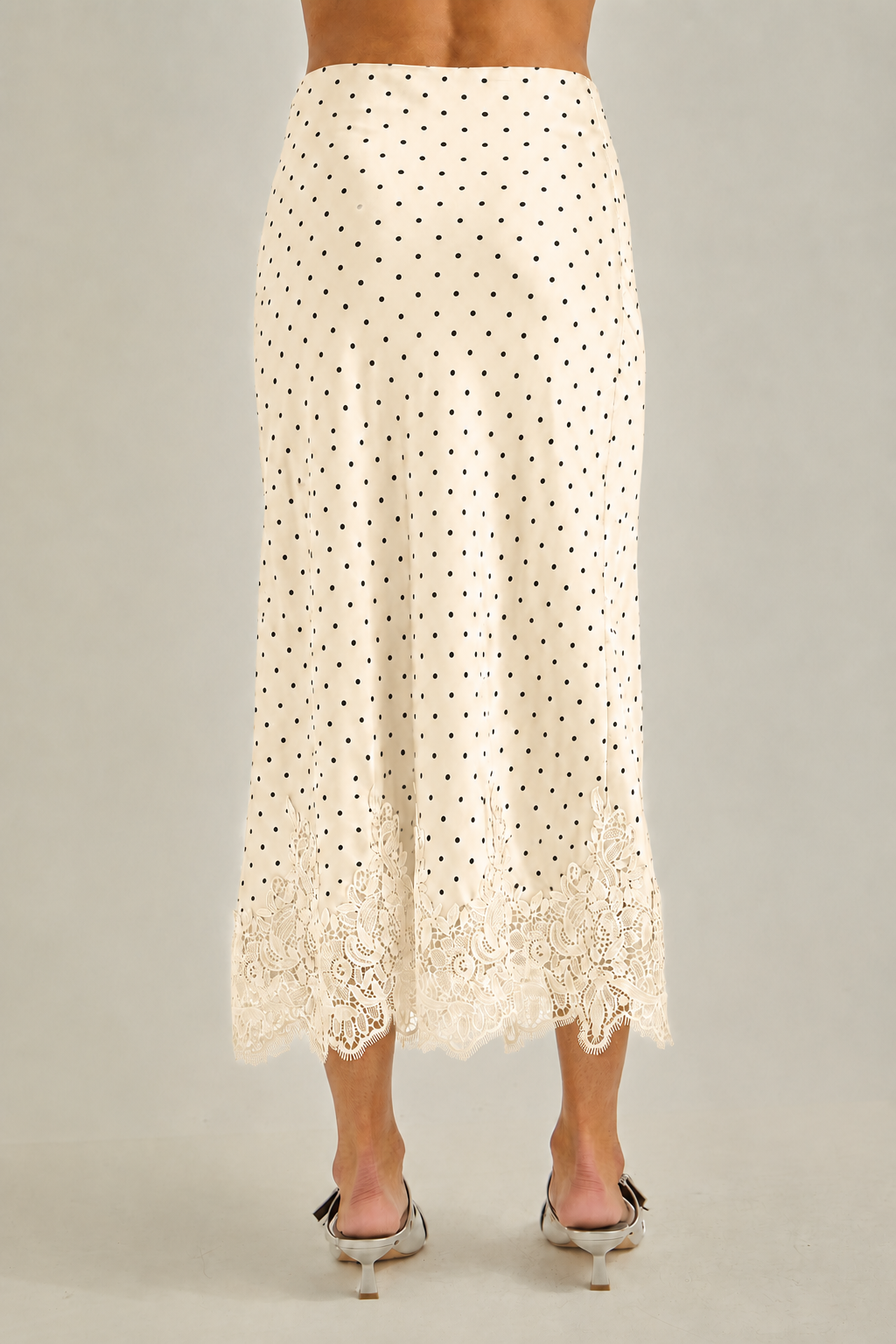 Polkadot with lace hem fit & flare bias midi skirt