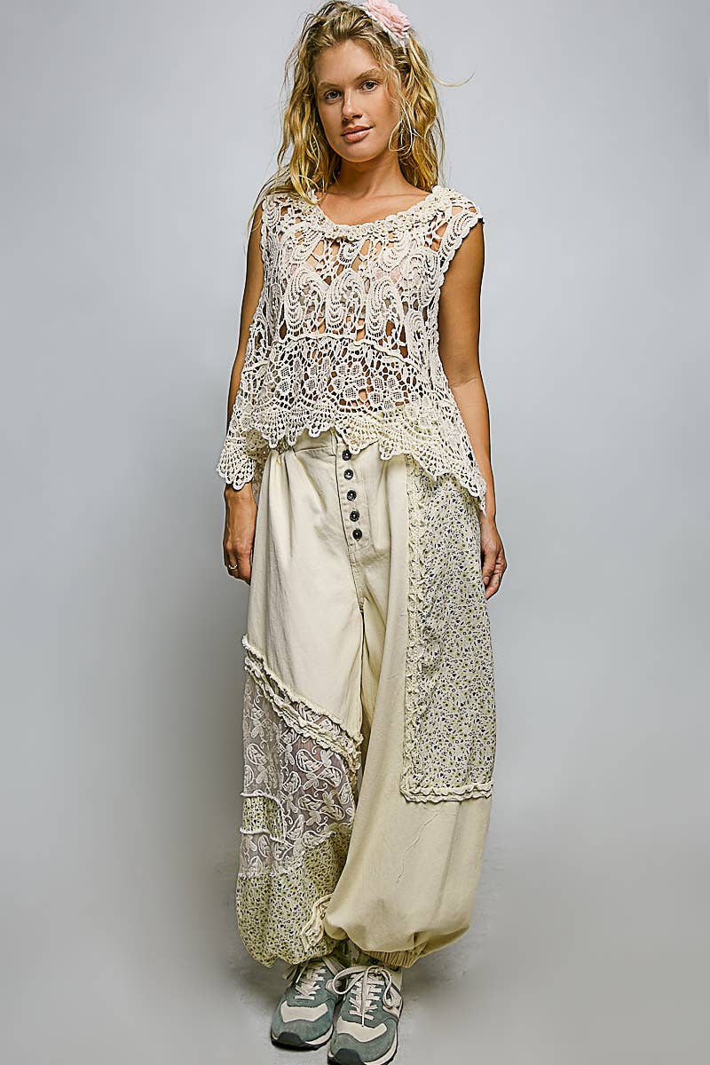 Crochet Lace Bead Neck Sleeveless Cropped Top