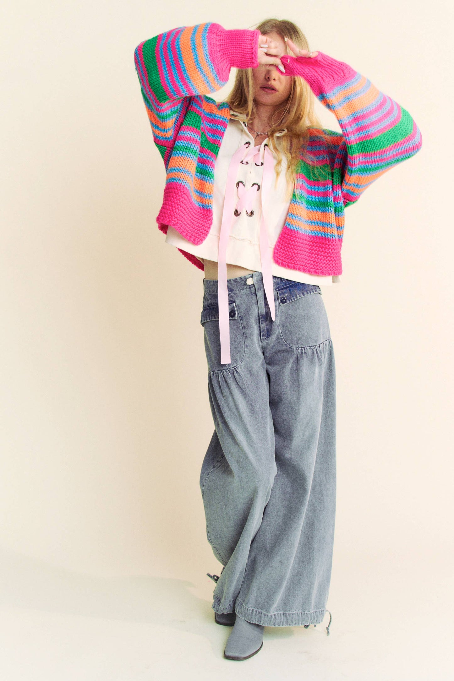 Chunky Striped Open-Front Cardigan