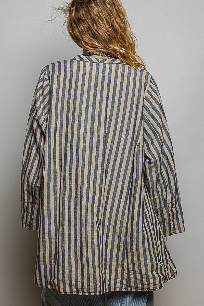 Stripe Pattern Asymmetrical Hem Lapel Style Woven Jacket