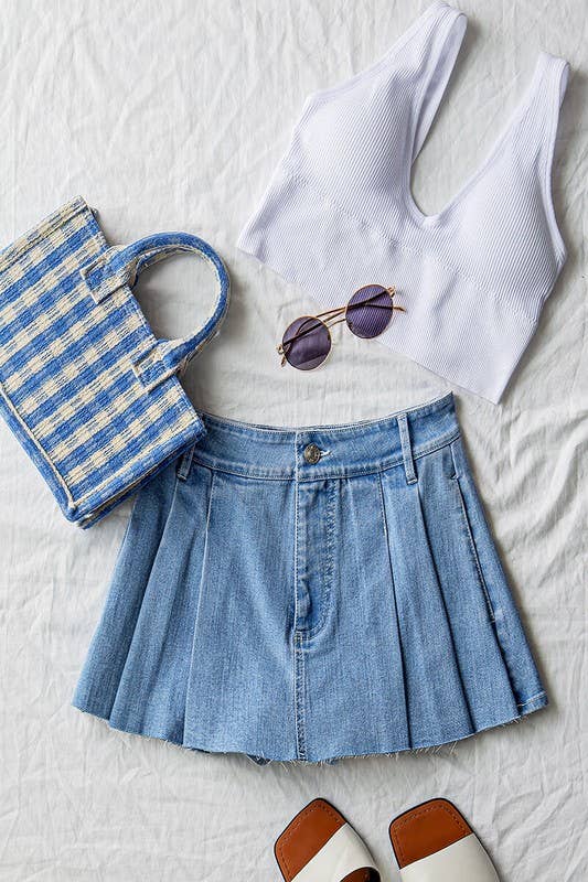 Light Blue Pleated Denim Mini Skort