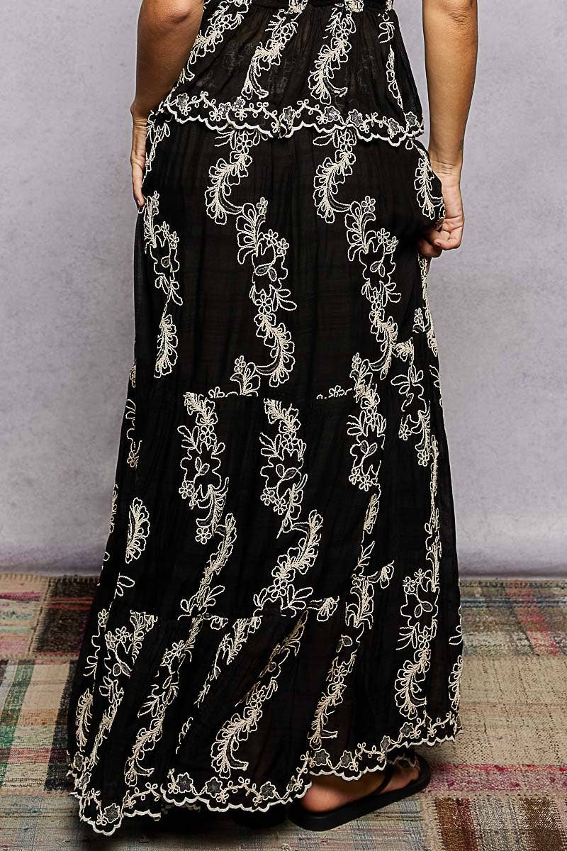 Embroidered Viscose Smocked Waistband Maxi Skirt