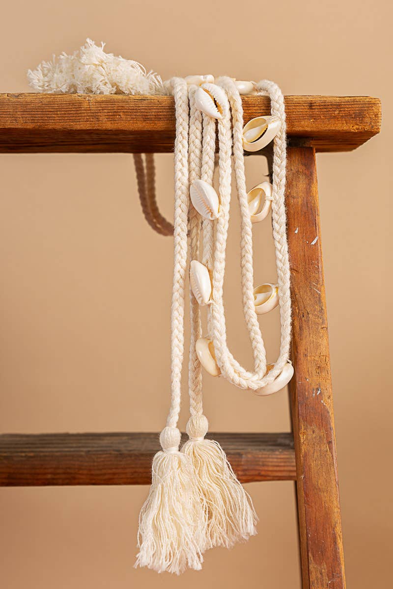 Braided shells tassle fringe tie string belt: OS / NATURAL