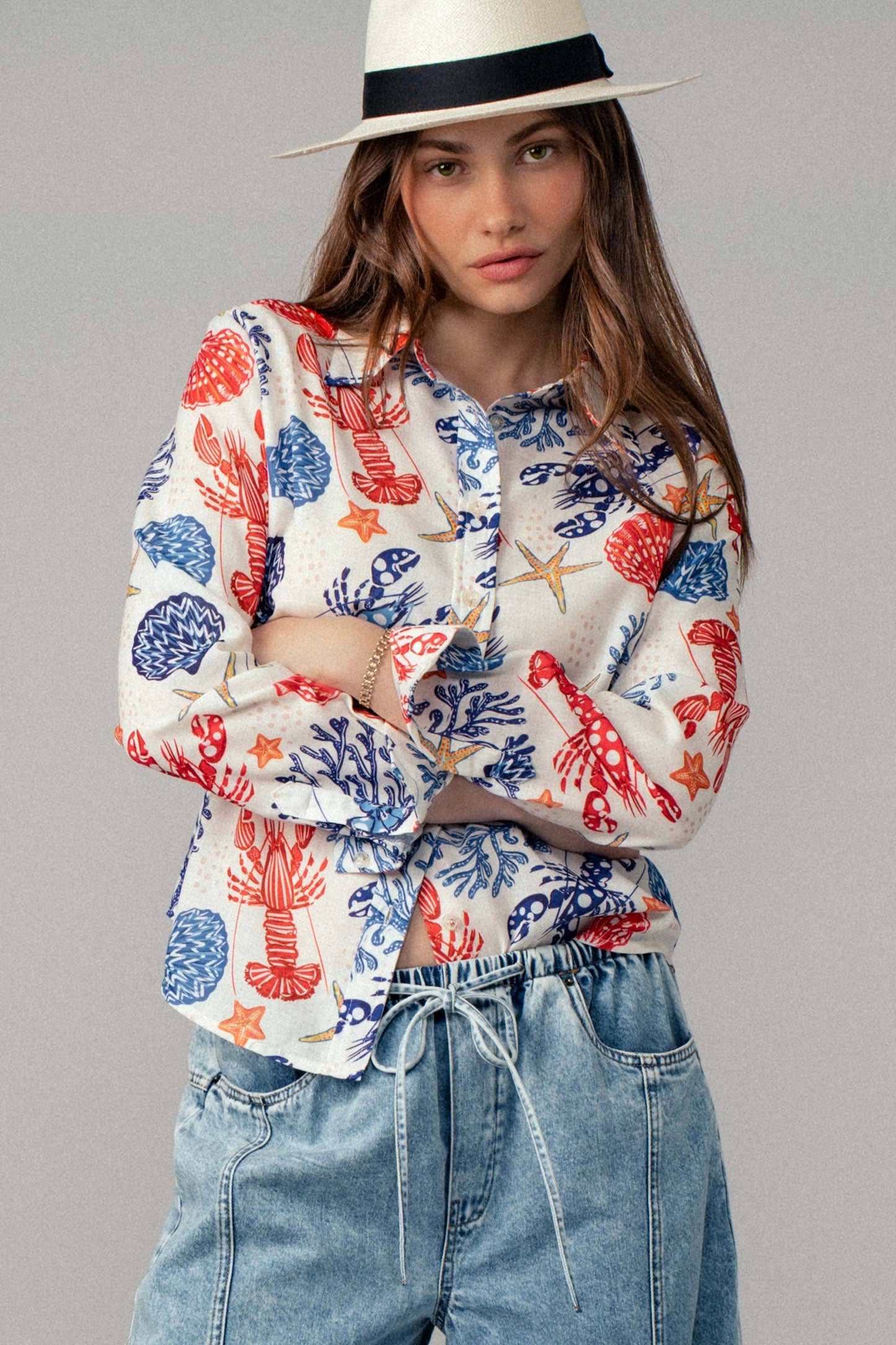 Ocean Shell & Lobster Print Relaxed Summer Shirt