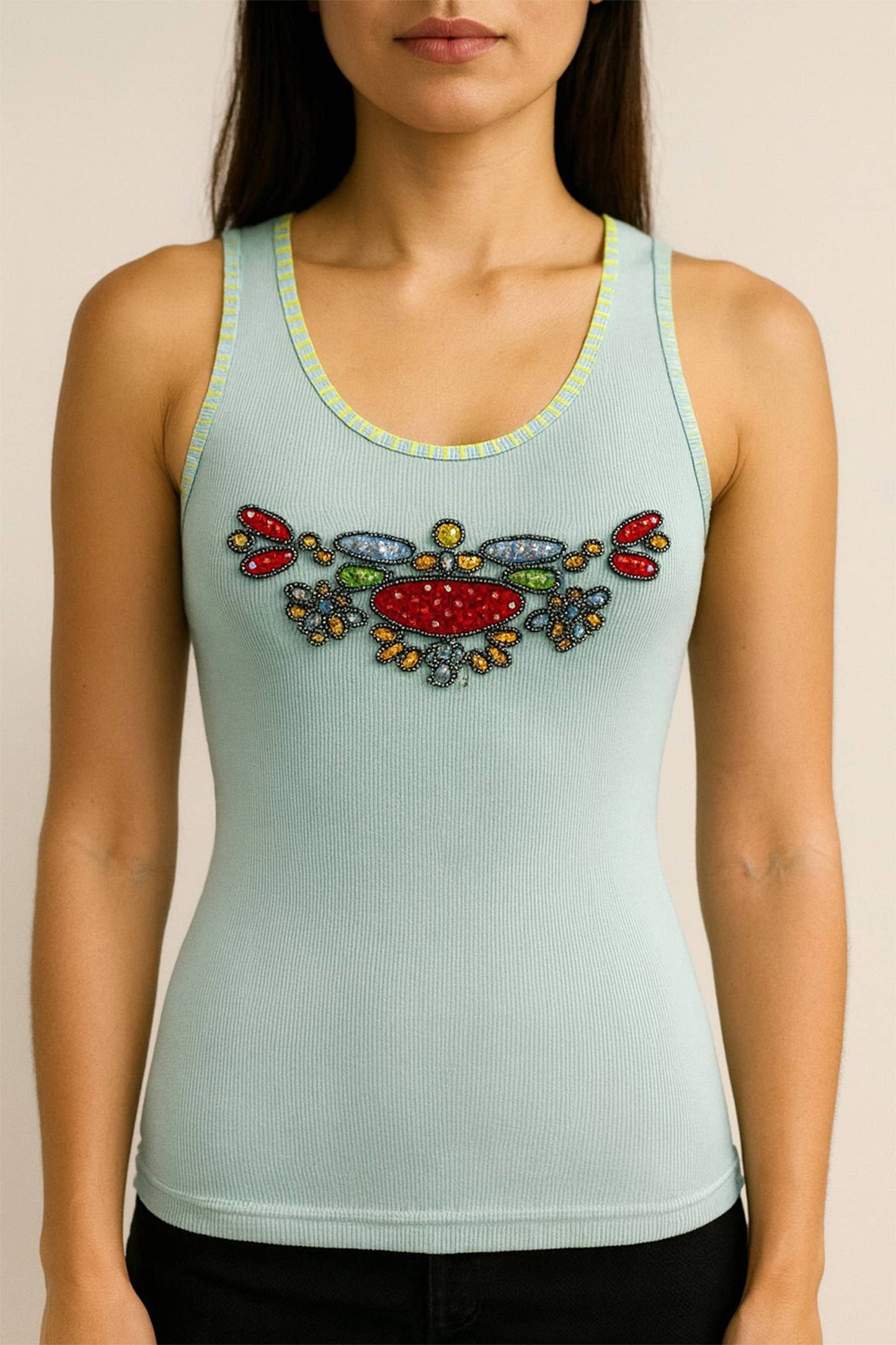 SHIP AUG 7-12 Retro Embroidered & Bead Trim Rib Tank