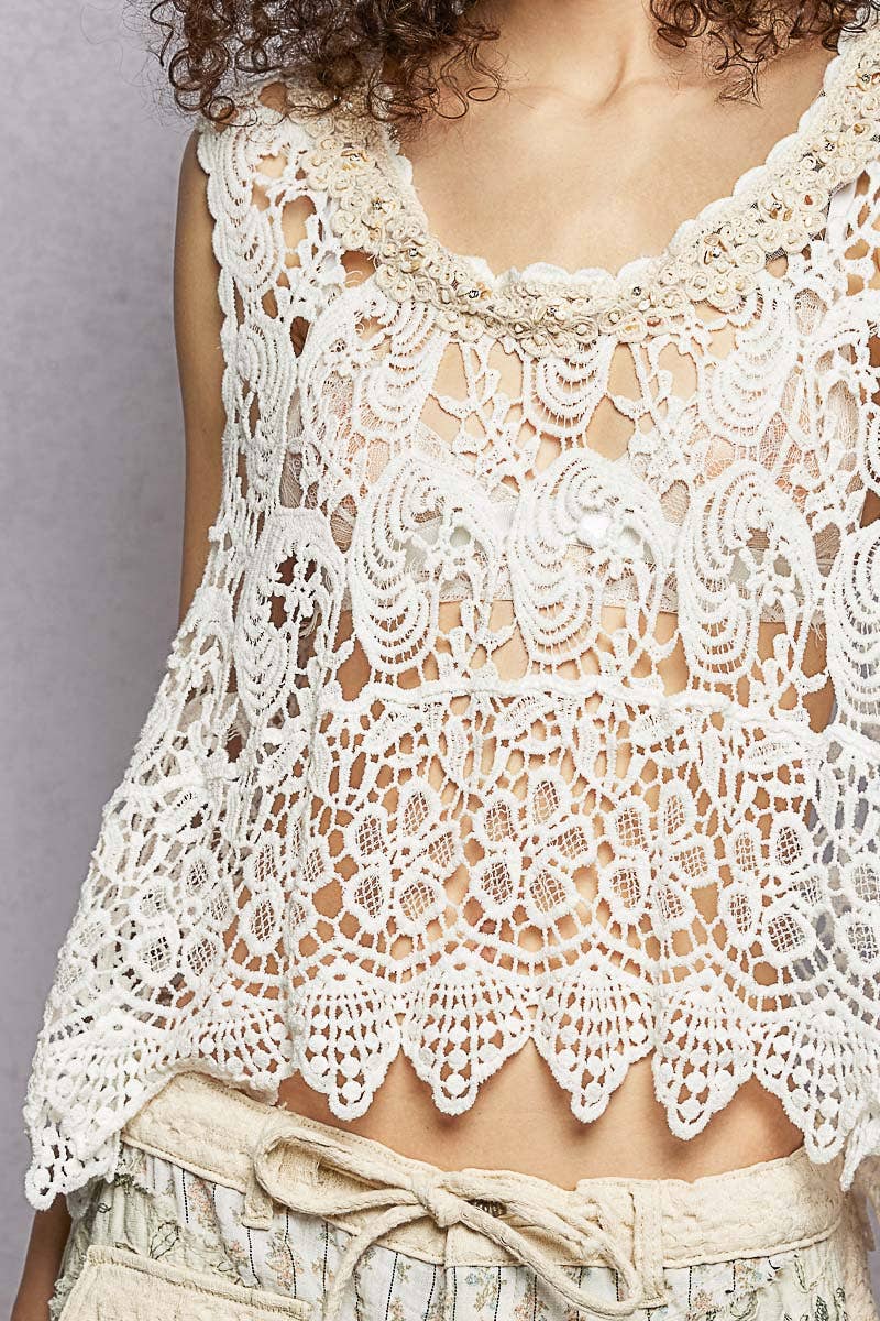 Crochet Lace Bead Neck Sleeveless Cropped Top