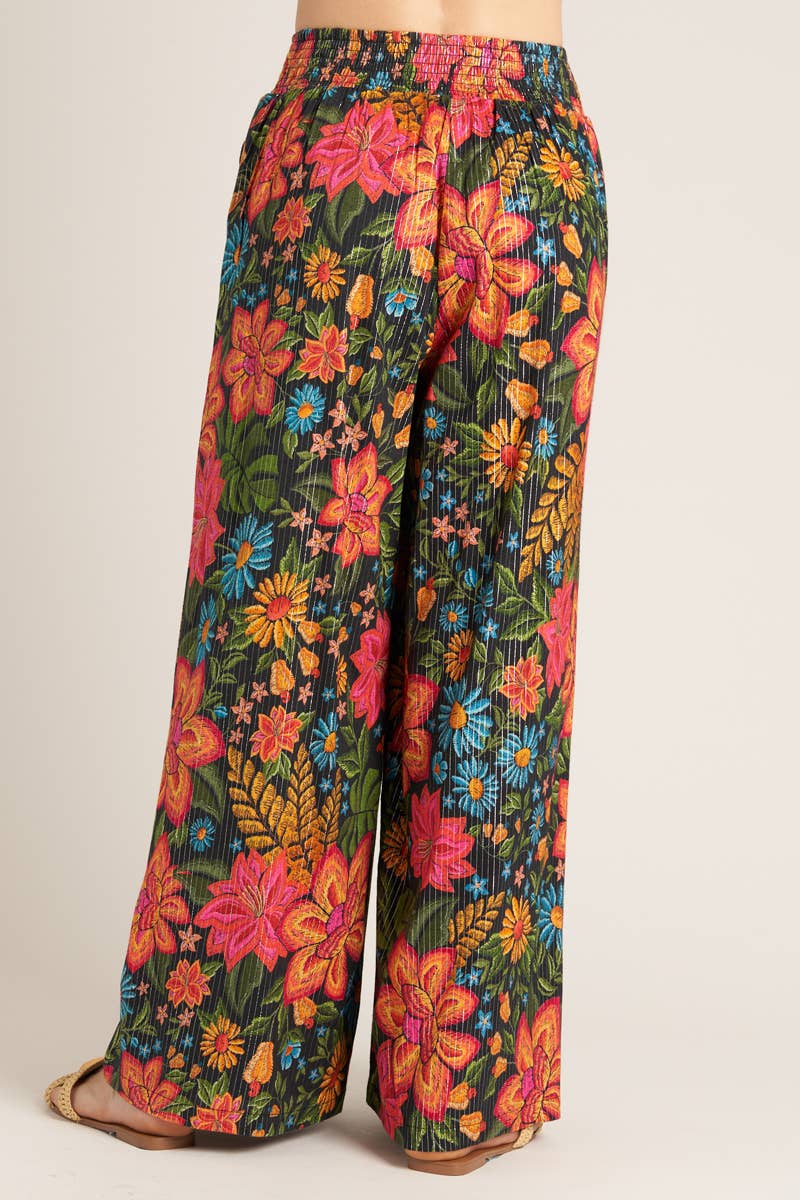 Printed Elastic Waistband Pants with Lurex Stripes