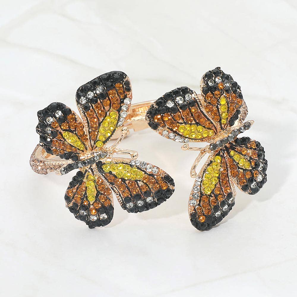 Rhinestone Embellished Double Butterfly Hinged Bangle Bracelet