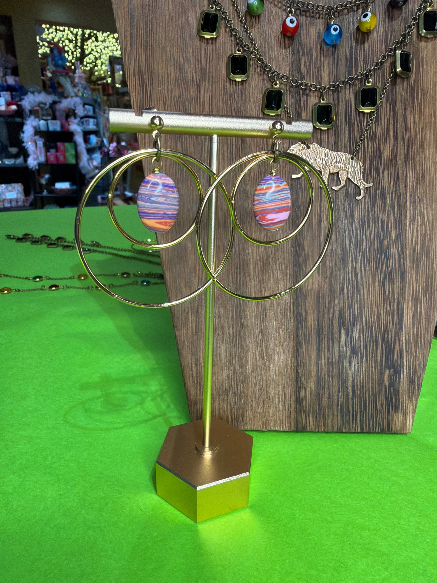 Tie Dye Bead and Gold Hoop Post Dangle Earrings