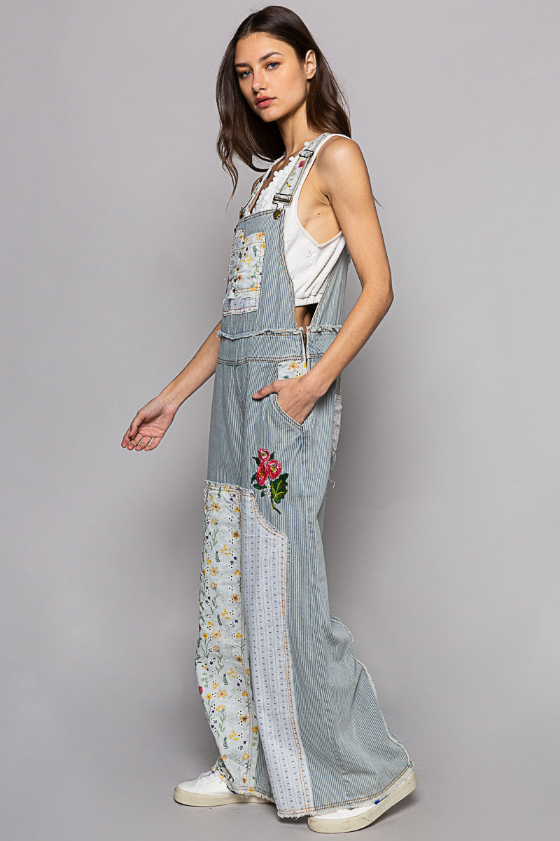 Patchwork Denim Striped Overalls