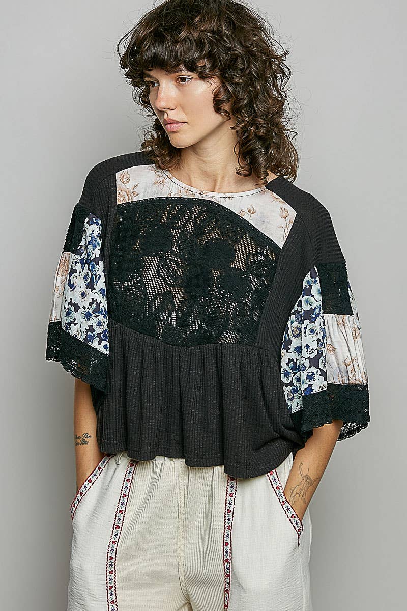 Rib Floral Pattern Round Neck Short Sleeve Top