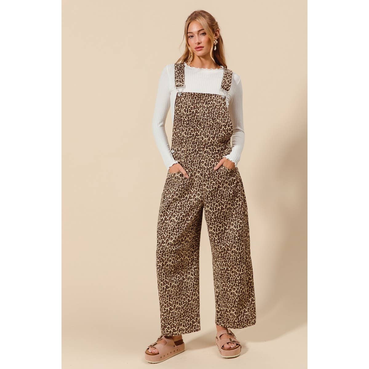 LEOPARD TWILL DENIM SLOUCHY BARREL OVERALLS JUMPSUIT