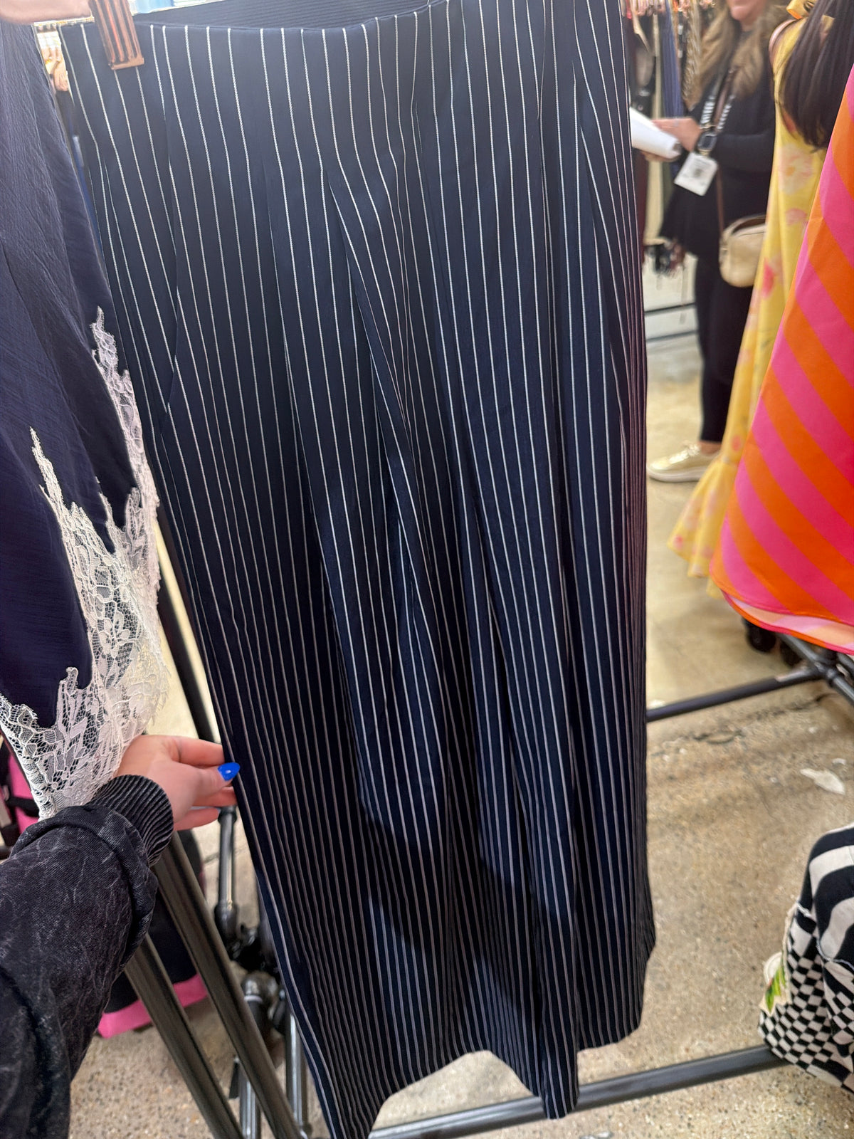 Pre Order:Navy Pleaded Pin-stripe Pants