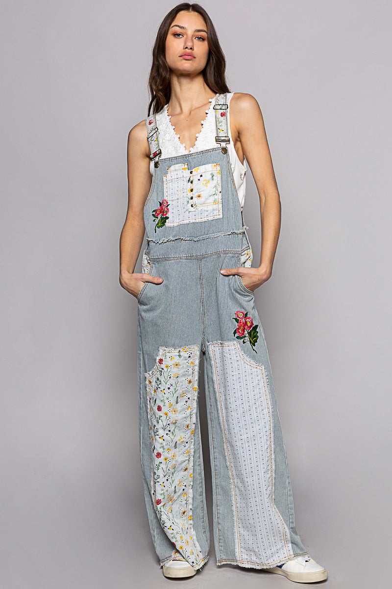 Patchwork Denim Striped Overalls