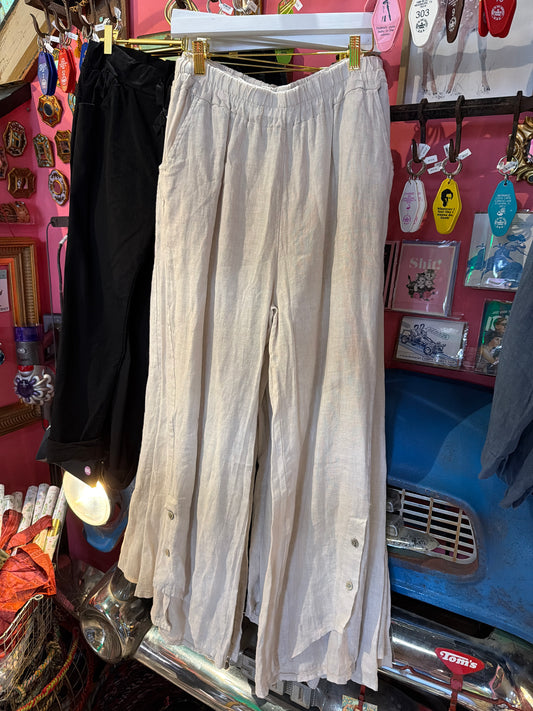 Beige Linen Palazzo Pants with Buttons on ankle
