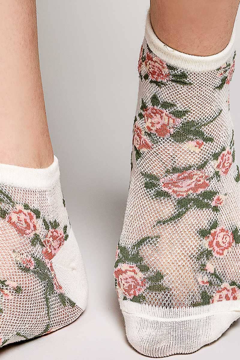 Allover Floral Print Classic Ribbed Cuff Knit Crew Socks