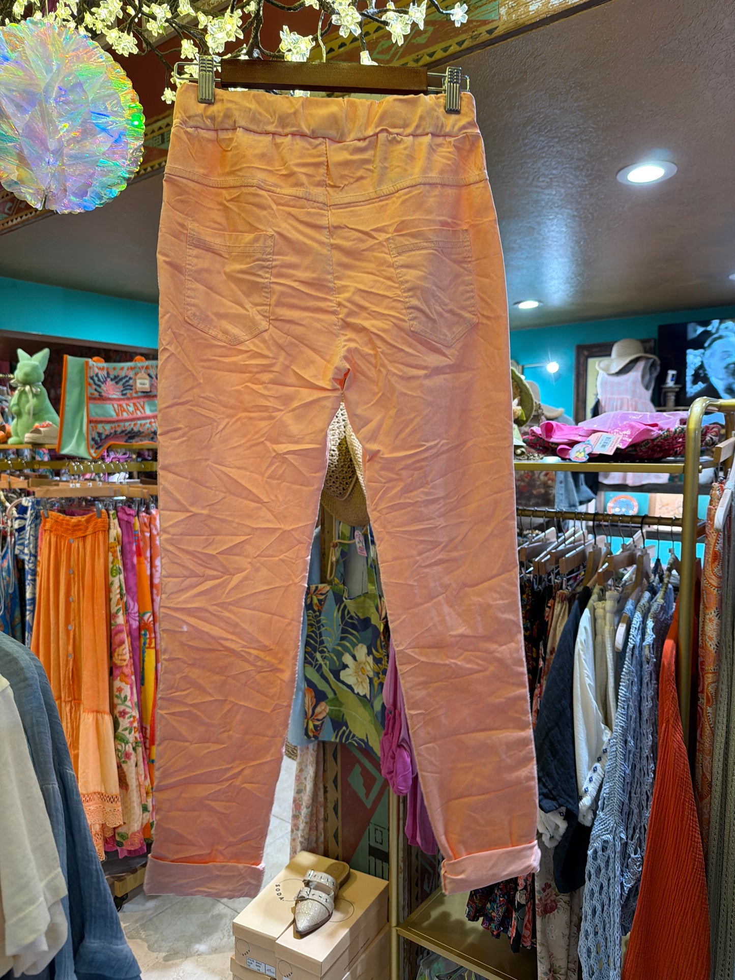 Coral Crinkle Skinny Leg Pants