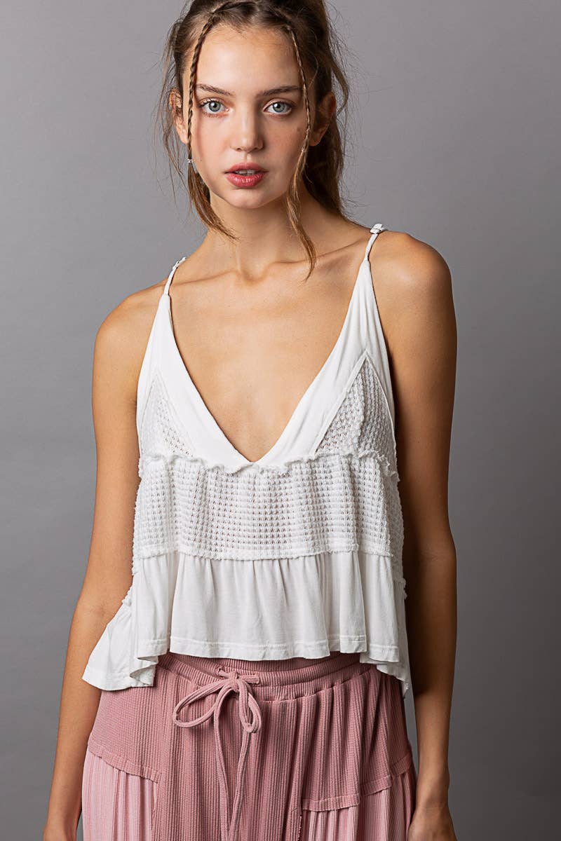 White V-neck thermal babydoll sleeveless top