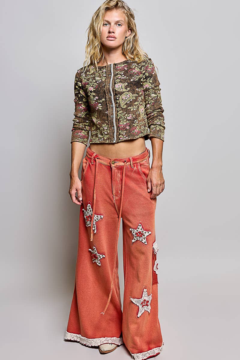 Vintage Floral Botanical Print Ribbed Knit Button Cardigan