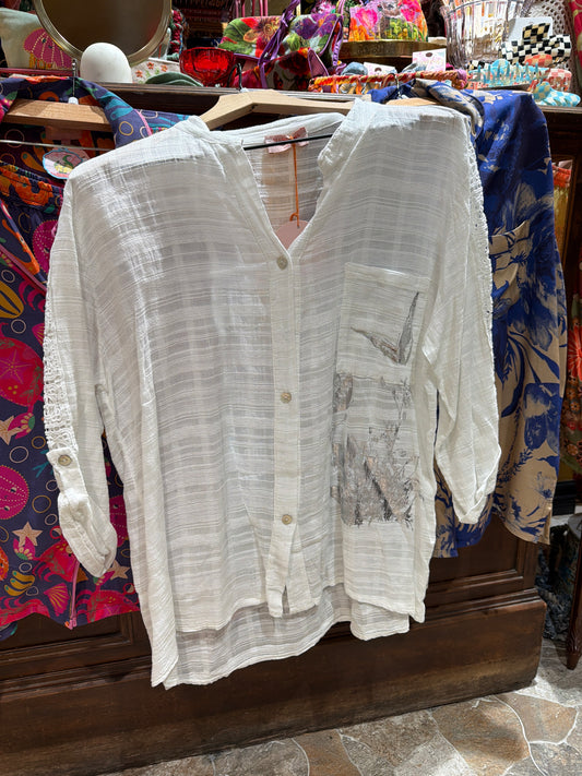 White button up with metallic butterfly and eyelet sleeves