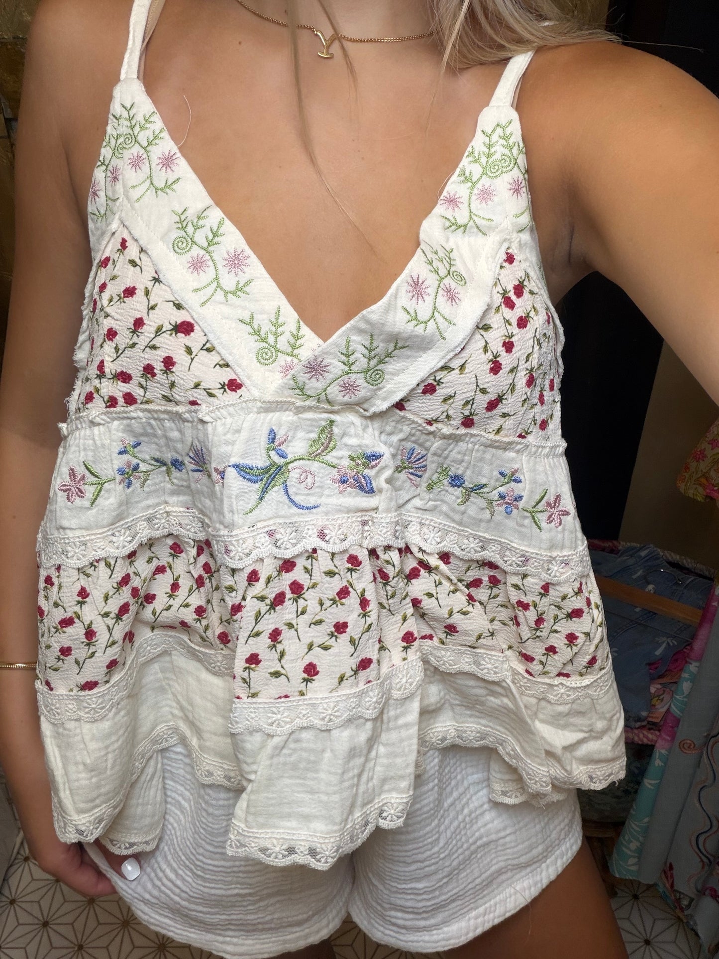 A-body Flared Fit Double Gauze Floral Embroidery Sleeveless