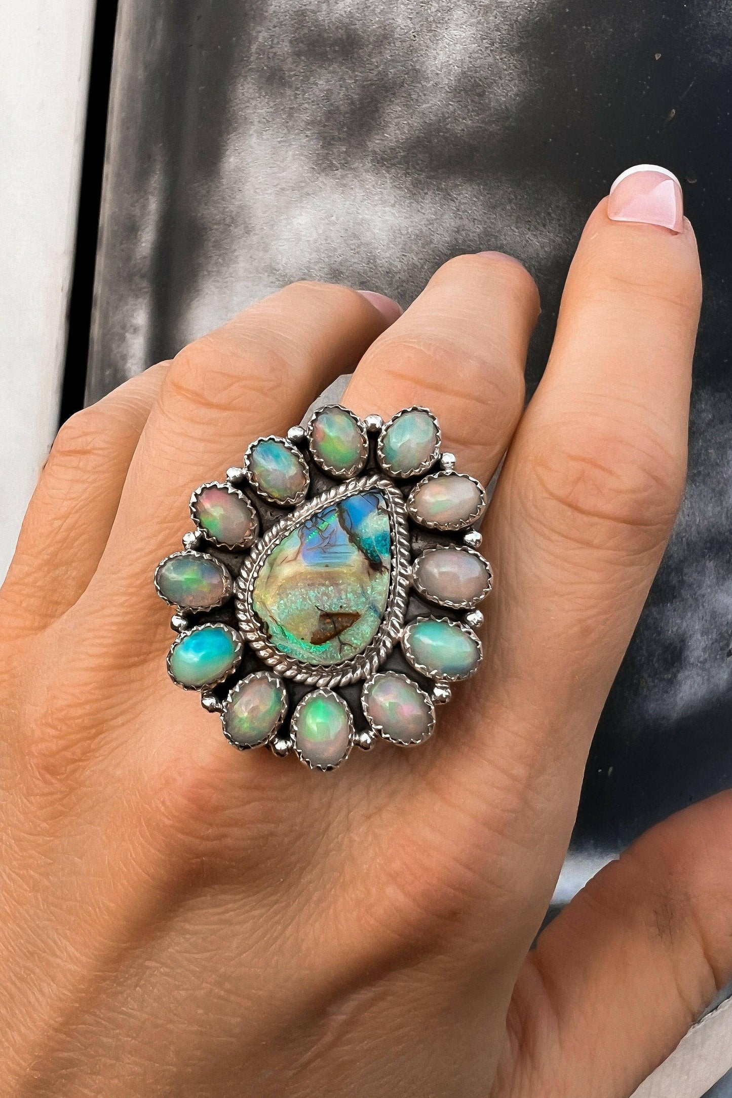 Sterling Opal & Ethiopian Opal Cluster Ring