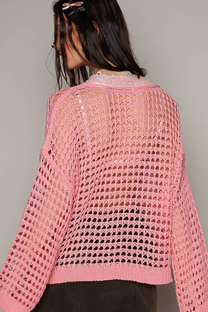 Barbie Pink V-Neck Long Sleeve Crochet Light Weight Sweater