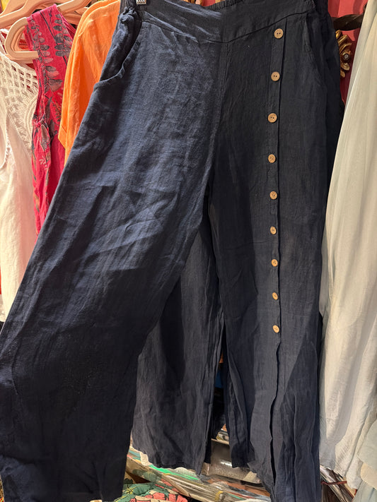 Navy Linen Palazzo Pants with Buttons