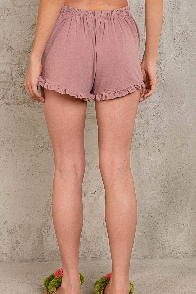 Dusty Rose Back Elastic Waistband Ruffle Trim Dolphin Knit Shorts